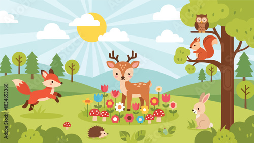 Flat cute kids vector meadow scene with deer, fox, rabbit, squirrel, owl, and hedgehog surrounded by flowers. Great for nursery decor, preschool content, and children design