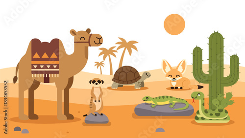 Flat style cute kids vector desert scene with camel, meerkat, tortoise, lizard, fennec fox, and cactus near an oasis. Perfect for learning materials and travel-themed kids artwork