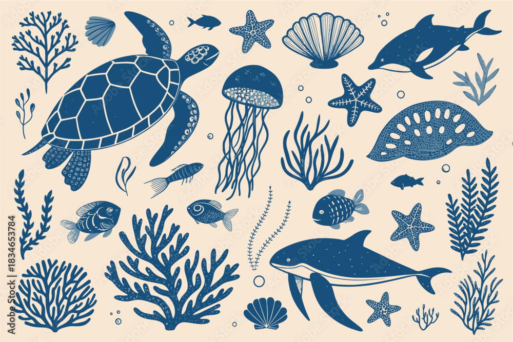 Naklejka premium Dive into the deep blue with this collection of charming sea creatures, perfect for adding a touch of ocean magic to your designs and creative projects now