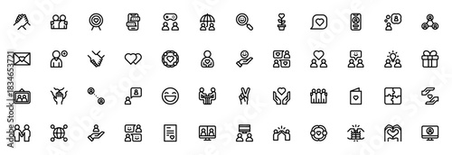 Friendship icon set. Minimal vector line icons pack.Featuring collaboration, fiends, love, loyalty, supprt, trust, brotherhood, git, smile and more. Editabl stroke.