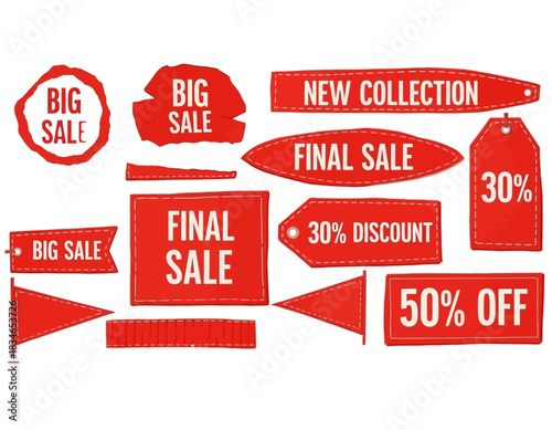 Exciting red sale tags collection promoting new collections, final sales, and discounts for eye-catching marketing and promotional campaigns, originally vector