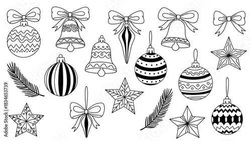 Hand-Drawn Christmas Ornaments and Decorations Collection for Holiday Greetings, Festive Designs, and Seasonal Celebrations, originally vector graphics