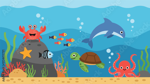 Flat style cute kids vector blue ocean scene with dolphin, fish, crab, octopus, and turtle swimming around coral. Suitable for children books, games, and playful sea projects