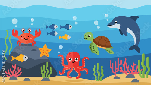 Flat style cute kids vector blue ocean scene with dolphin, fish, crab, octopus, and turtle swimming around coral. Suitable for children books, games, and playful sea projects