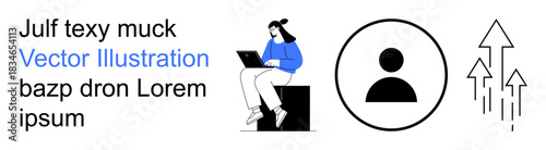 Digital business, growth strategy, remote work, user identity, online productivity, analytics. Person working on a laptop, profile icon and arrows pointing upwards. Remote work and business growth