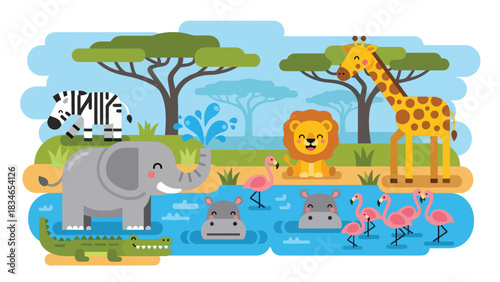 Flat cute kids vector safari scene with giraffe, elephant, lion, hippo, zebra, and flamingos around a watering hole. Ideal for nursery decor and early learning materials