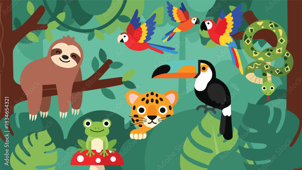 Fototapeta premium Flat cute kids vector rainforest scene with sloth, toucan, jaguar cub, parrots, and tree frog surrounded by large tropical leaves. Ideal for playful educational content