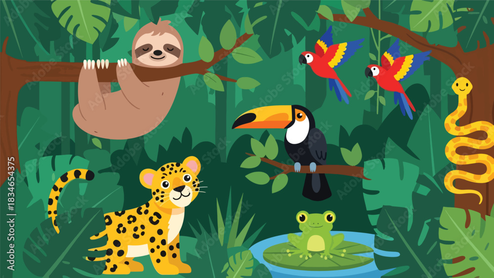 Fototapeta premium Flat cute kids vector rainforest scene with sloth, toucan, jaguar cub, parrots, and tree frog surrounded by large tropical leaves. Ideal for playful educational content