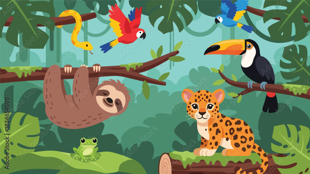 Fototapeta premium Flat cute kids vector rainforest scene with sloth, toucan, jaguar cub, parrots, and tree frog surrounded by large tropical leaves. Ideal for playful educational content