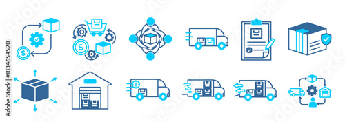 logistics icon collection set. procurement ,Planning, management, transport, inventory, packaging, distribution,warehouse, delivery. Simple flat vector. dual tone style.