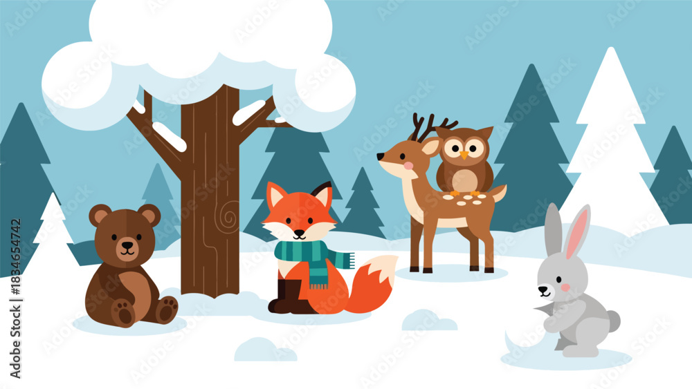 Fototapeta premium Flat cute kids vector winter woodland scene with fox in scarf, deer, bear cub, rabbit, and owl in snow. Ideal for seasonal kids illustrations and educational content