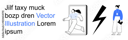 Technology, digital transformation, innovation, communication, mobile design, leadership. A person stepping out of a smartphone, a standing woman holding a clipboard and a lightning bolt. Technology