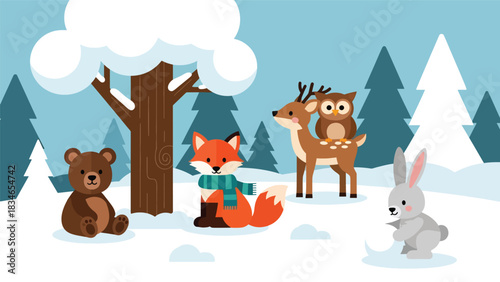 Flat cute kids vector winter woodland scene with fox in scarf, deer, bear cub, rabbit, and owl in snow. Ideal for seasonal kids illustrations and educational content
