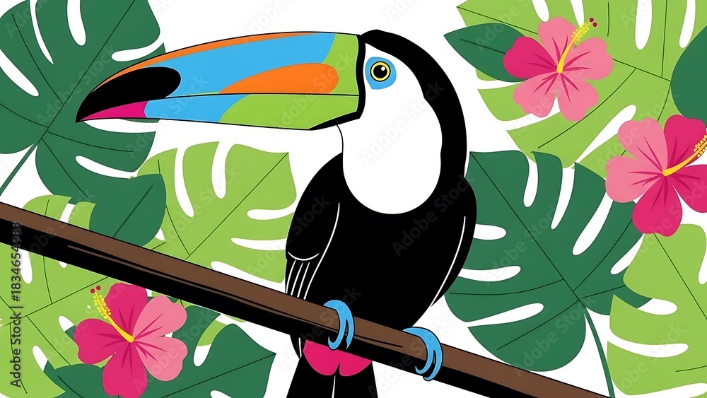 Obraz premium Vibrant Toucan Perched on a Branch Amidst Lush Tropical Foliage and Exotic Flowers