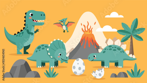 Flat style cute kids vector with friendly dinosaurs like T-Rex, stegosaurus, triceratops, and baby pterodactyl in volcano valley. Ideal for preschool and themed kids content
