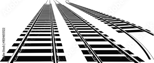 Railway track junction vector illustration with multiple diverging paths, perspective depth, anchor point, transportation concept, editable layout design
