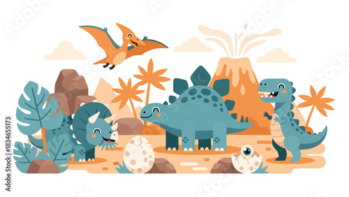 Flat style cute kids vector with friendly dinosaurs like T-Rex, stegosaurus, triceratops, and baby pterodactyl in volcano valley. Ideal for preschool and themed kids content