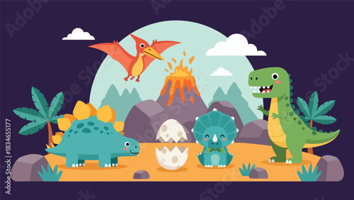 Flat style cute kids vector with friendly dinosaurs like T-Rex, stegosaurus, triceratops, and baby pterodactyl in volcano valley. Ideal for preschool and themed kids content