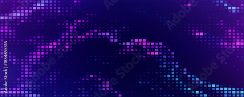 Purple abstract pixel texture bg video screen. Tv pattern background with square noise effect. Futuristic broadcast neon gradient banner for television. Modern vhs led static display element