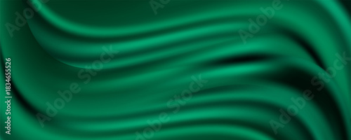 Green drapery silk fabric luxury background. Wavy abstract satin cloth vector texture pattern. Smooth shiny drape material curtain. Elegant velvet curve motion image realistic horizontal design.