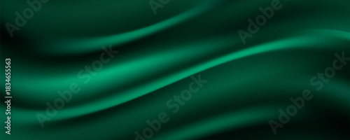 Green drapery silk fabric luxury background. Wavy abstract satin cloth vector texture pattern. Smooth shiny drape material curtain. Elegant velvet curve motion image realistic horizontal design.