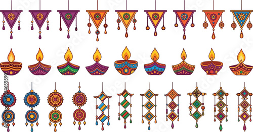 Diwali decoration illustration, festive hanging ornaments, colorful oil lamps, traditional Indian celebration, vibrant toran design, cultural art, holiday lights