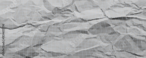 Crumpled blue checkered paper texture realisric vector illustration. White blank notebook sheet with grid, wrinkle and crease effect, note page mock up, educational template