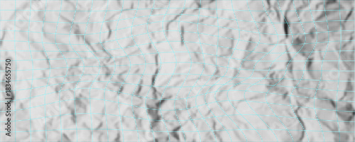 Crumpled blue checkered paper texture realisric vector illustration. White blank notebook sheet with grid, wrinkle and crease effect, note page mock up, educational template