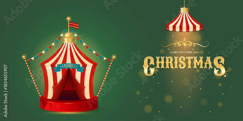 Christmas circus horizontal banner. Colorful vintage magic show, theatre, attractions, carnival poster. Creative design for events, festival, party, performance. Retro vector illustration