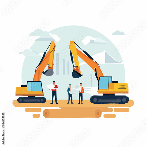 Illustration of construction workers reviewing blueprints near two yellow excavators with a cityscape backdrop, symbolizing progress and development.