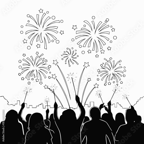 Crowd Watching Fireworks Celebration Silhouette Illustration
