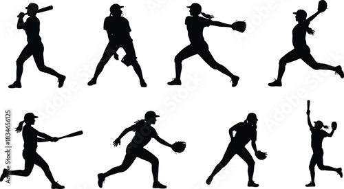 Silhouette vector illustration of female softball players in various action poses including pitching, batting, catching, and fielding for sports design.
