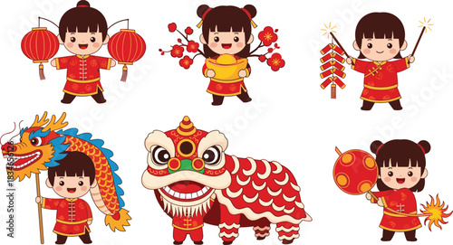 Chinese New Year children celebration, traditional costume, lantern, firecracker, dragon dance, lion dance, festive vector, cultural illustration, cartoon style