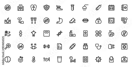 Health icon set. Minimal line vector icons pack. Incudes symbols for hygiene, edicine, fitness, nutritio, vaccination, healthcare,and more. Editable stroke.