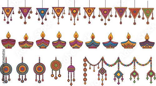 Diwali festive decorations, colorful hanging ornaments, traditional oil lamps, diya flames, cultural celebration, Indian festival, vibrant design, vector illustration
