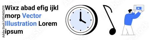 Blue-accented man uploads video on tablet beside clock and music note. Ideal for time management, digital learning, content creation, music, work-life balance, video tutorials, simple landing page