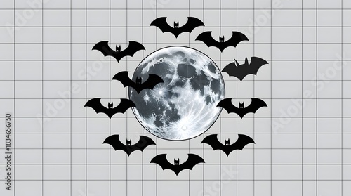 A flock of bats forming a moon silhouette, a stylish black vector icon.