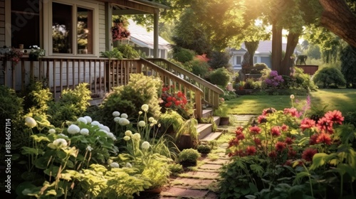 Beautifully Landscaped Garden Path Leading to a Charming House on a Sunny Day.