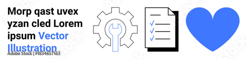 Project management, workflows, productivity, engineering, task lists, emotional connection. Gear with wrench, document with checkmarks and heart. Productivity and workflows concept