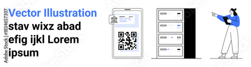 Smartphone displays QR code and ID details, cloud server denotes data storage, and a woman holds a tablet, explaining the concept. Ideal for technology, education, security, digital transformation