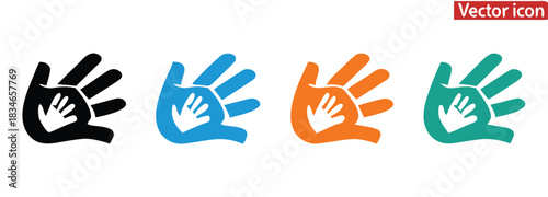 Colorful hand prints representing childhood support design,Charity icons set. Collection of hands, donations, hearts, unity and more. Vector illustration. Easily changes to any color.

