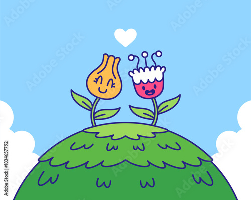 Two cheerful flower characters stand on a lush hill with a heart above them, creating a sweet and playful scene. Ideal for kids illustrations, greeting cards, and whimsical designs