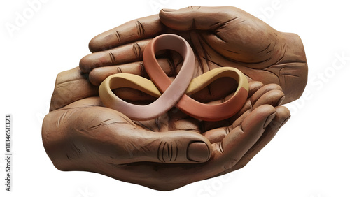 Hands holding three interconnected Mobius strips in different skin tones, symbolizing unity and diversity, perfect for social justice or inclusion themes