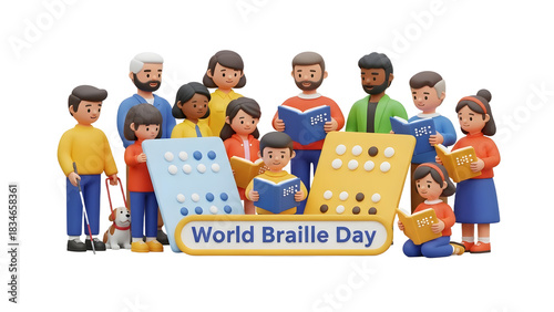 3D Illustration of Diverse Group Reading Braille Books with Braille Text Blocks Celebrating World Braille Day, Perfect for Educational Awareness