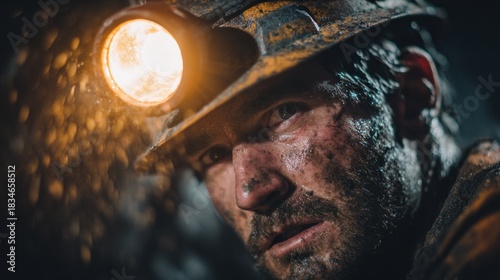 Close up of a miner with helmet lamp in dark setting
