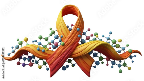 3D illustration of a colorful cancer awareness ribbon surrounded by molecular structures, symbolizing science and health research