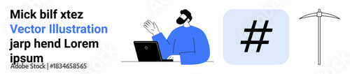 Man using laptop in a casual pose, large metadata tag icon, and pickaxe. Ideal for technology, social media, creativity, work, content creation, coding data mining simple landing page