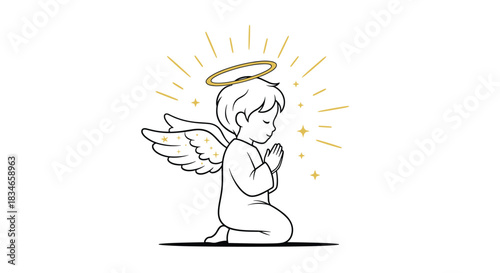 Serene and innocent child angel with a golden halo and sparkly wings kneeling in prayer in a beautiful line art illustration.