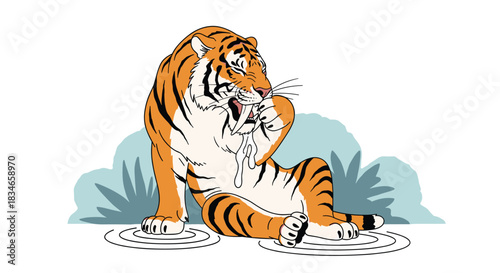 Prehistoric saber-toothed tiger sitting in water and cleaning its massive canine fang with its paw in a cool retro cartoon style.
