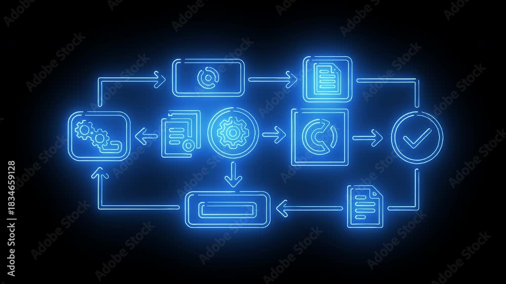 Neon workflow diagram showing interconnected tasks, clock, documents ...